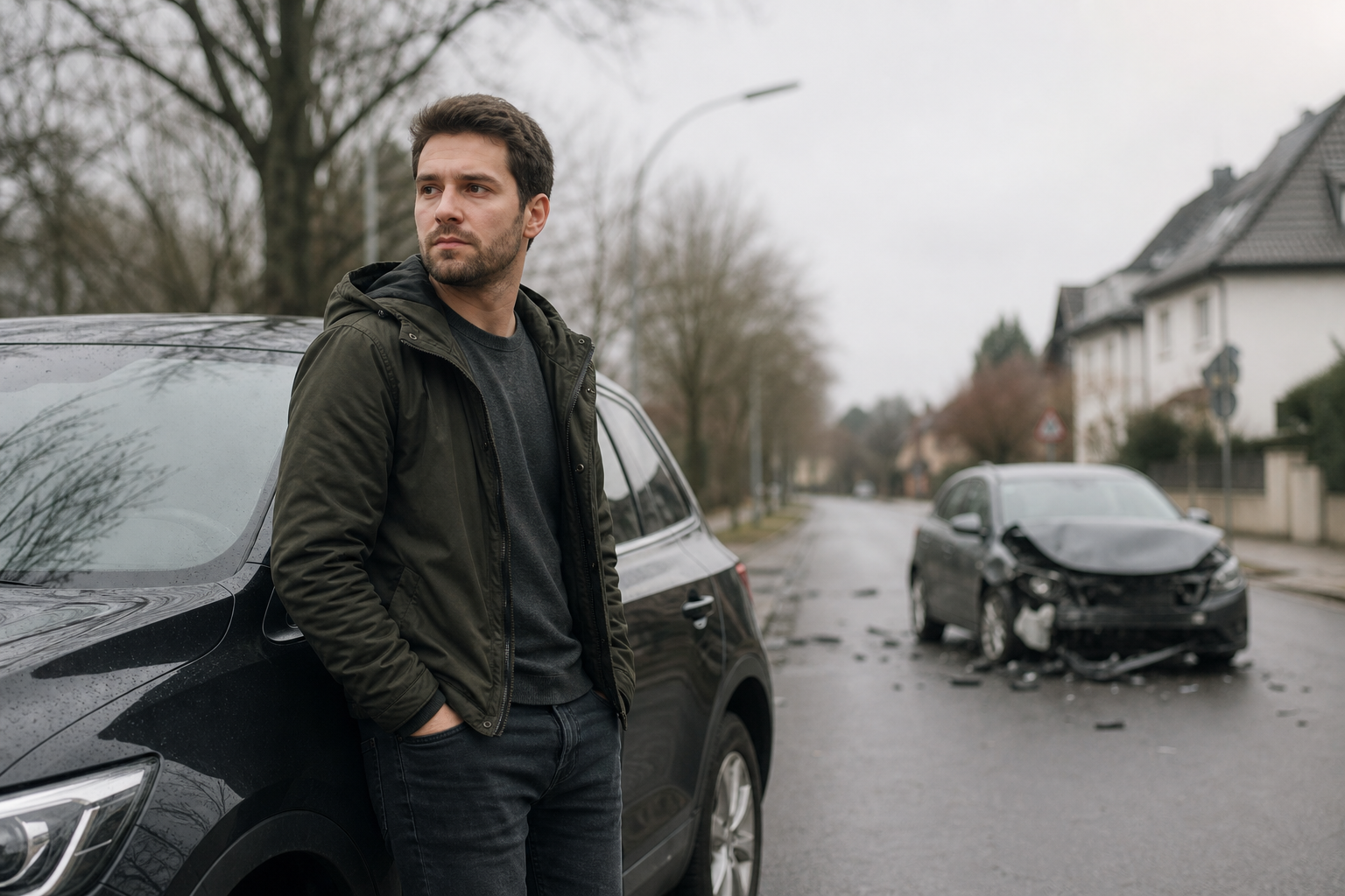 Ein Autofahrer wartet pflichtgem&auml;&szlig; nach einem Unfall neben seinem Fahrzeug, bis die Polizei oder der Gesch&auml;digte eintrifft