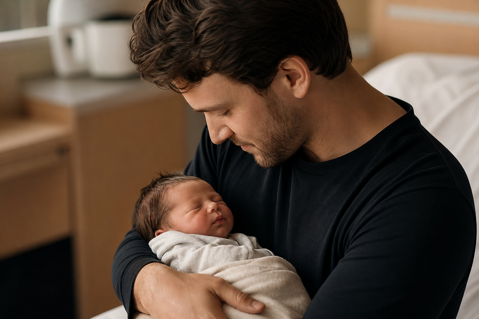 Ein Vater h&auml;lt sein neugeborenes Kind auf dem Arm, die Vaterschaftsanerkennung legt die rechtliche Grundlage f&uuml;r diese Beziehung.