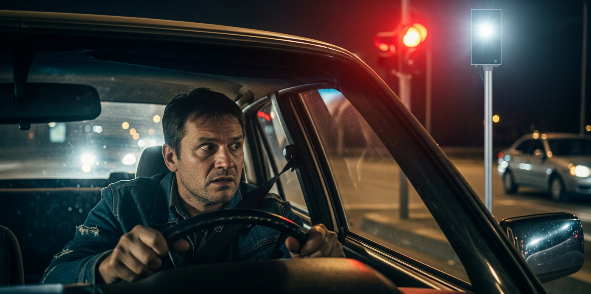 Fahrverbot umgehen: Fahrer im Auto wird überrascht, als der Blitzer bei Rotlicht auslöst.